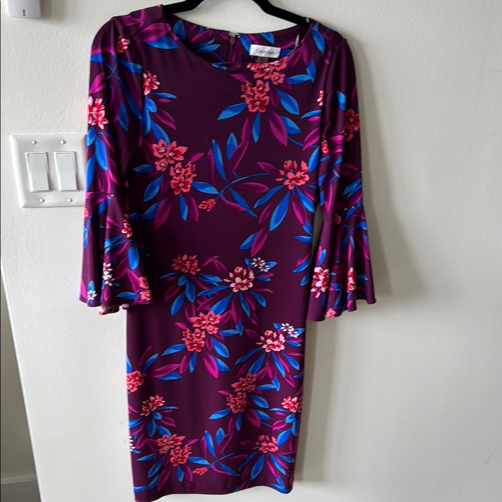 Calvin Klein | Size 4 | Women’s Floral Purple Dress Bell Sleeves Spring Easter
